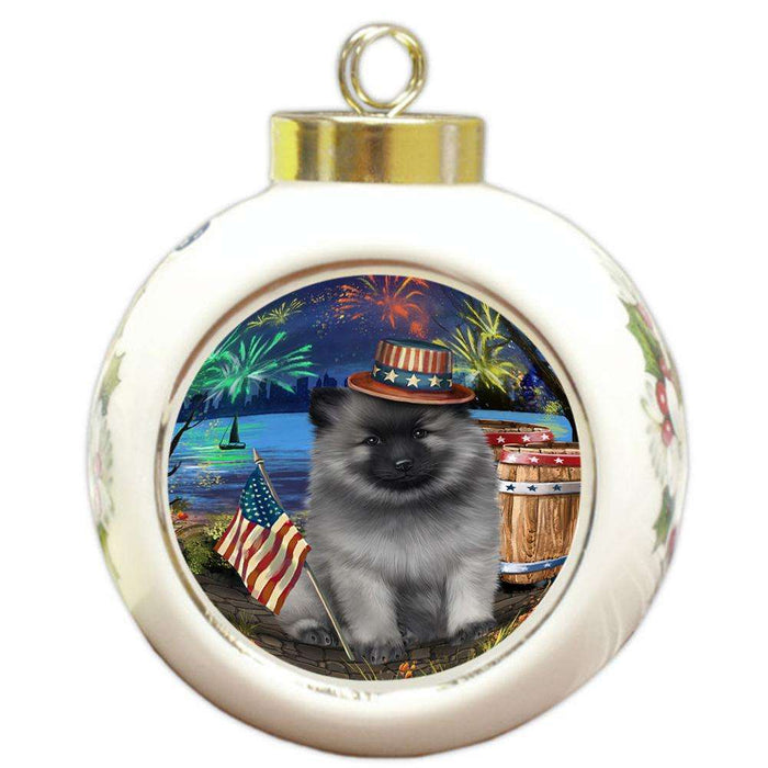 4th of July Independence Day Fireworks Keeshond Dog at the Lake Round Ball Christmas Ornament RBPOR51179