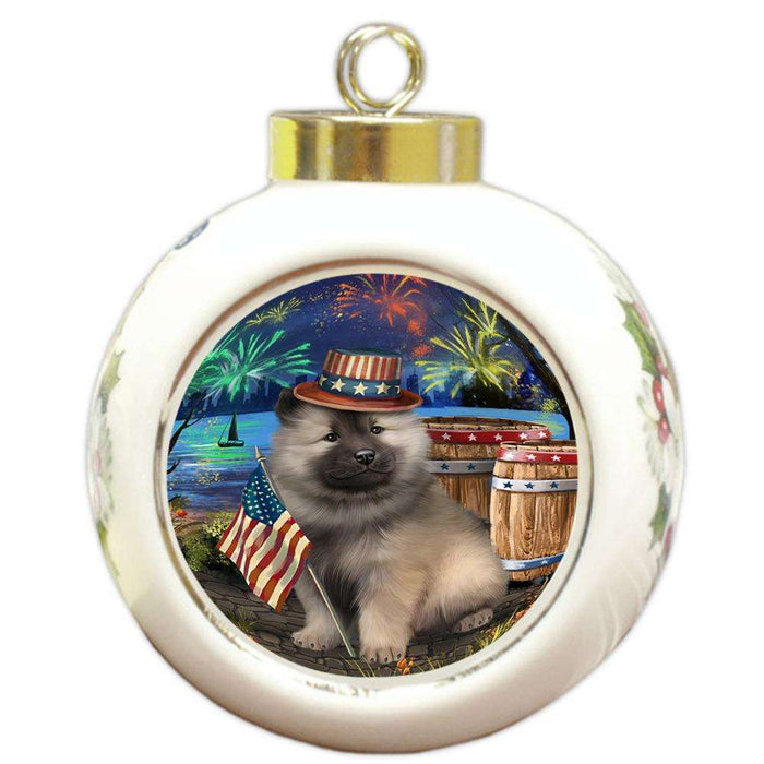 4th of July Independence Day Fireworks Keeshond Dog at the Lake Round Ball Christmas Ornament RBPOR51181