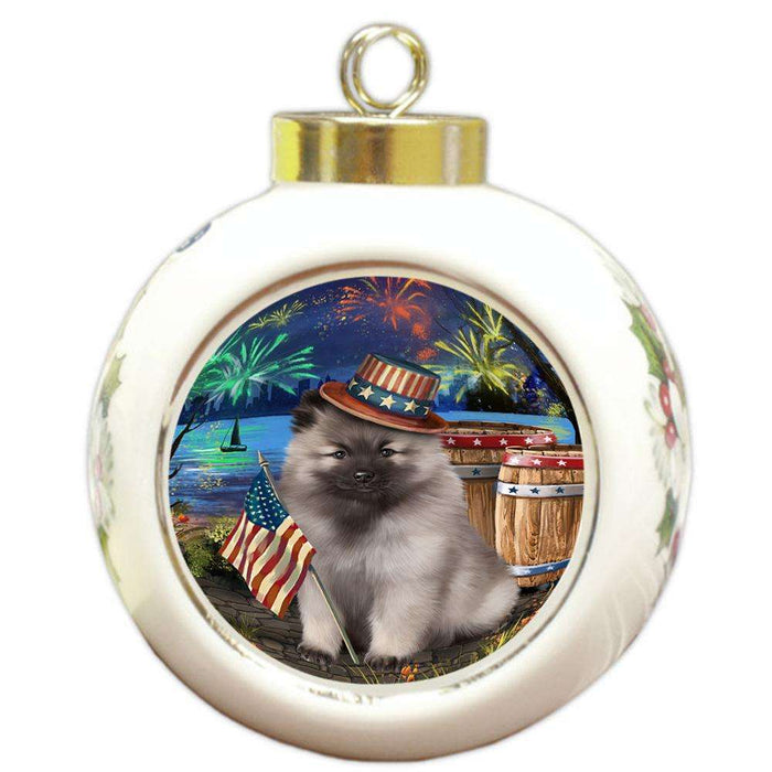 4th of July Independence Day Fireworks Keeshond Dog at the Lake Round Ball Christmas Ornament RBPOR51182