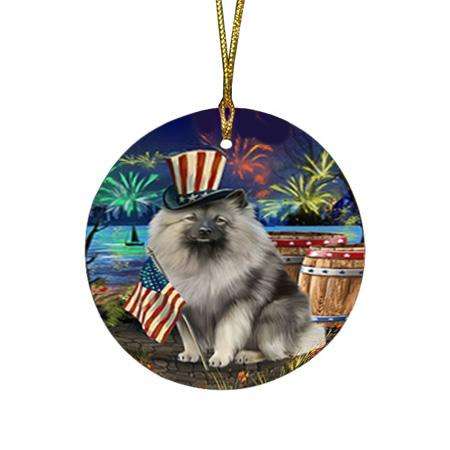 4th of July Independence Day Fireworks Keeshond Dog at the Lake Round Flat Christmas Ornament RFPOR51169