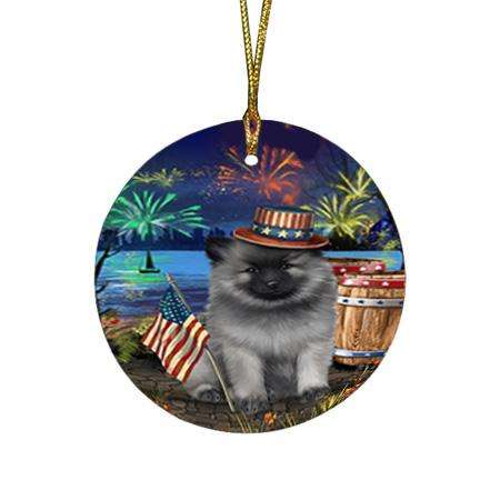 4th of July Independence Day Fireworks Keeshond Dog at the Lake Round Flat Christmas Ornament RFPOR51170