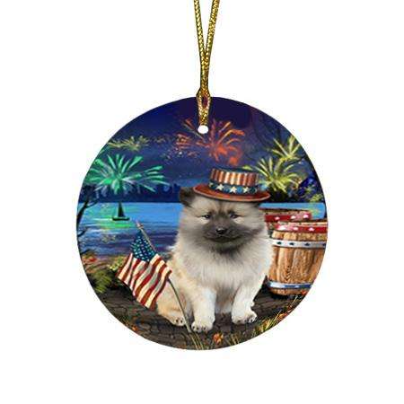 4th of July Independence Day Fireworks Keeshond Dog at the Lake Round Flat Christmas Ornament RFPOR51171