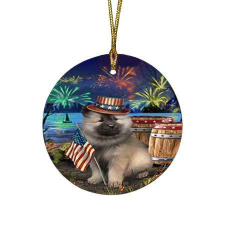 4th of July Independence Day Fireworks Keeshond Dog at the Lake Round Flat Christmas Ornament RFPOR51172