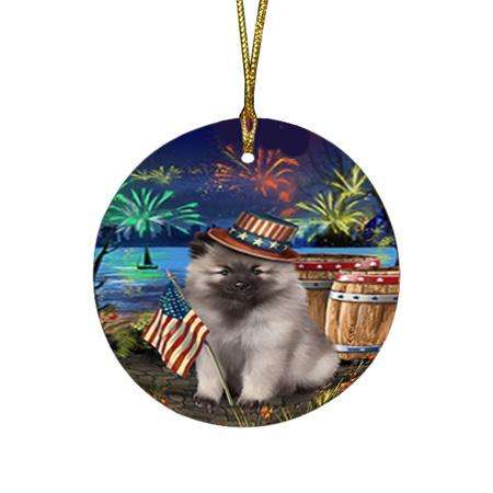 4th of July Independence Day Fireworks Keeshond Dog at the Lake Round Flat Christmas Ornament RFPOR51173