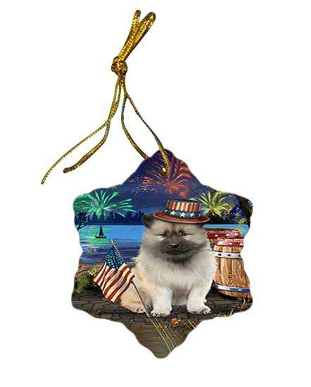 4th of July Independence Day Fireworks Keeshond Dog at the Lake Star Porcelain Ornament SPOR51172