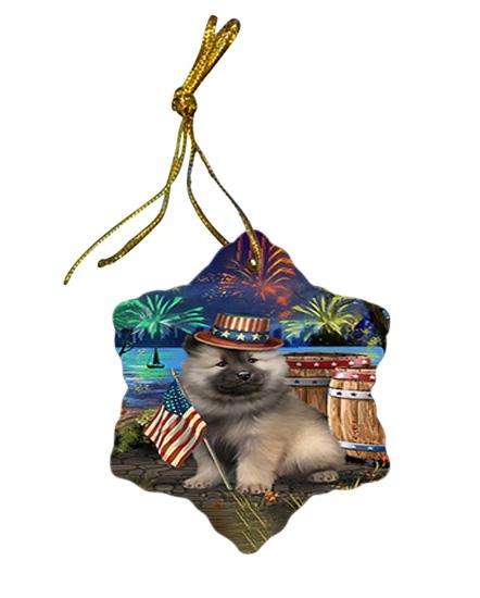 4th of July Independence Day Fireworks Keeshond Dog at the Lake Star Porcelain Ornament SPOR51173