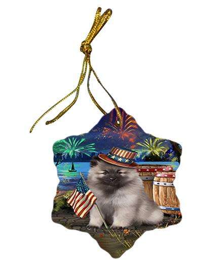 4th of July Independence Day Fireworks Keeshond Dog at the Lake Star Porcelain Ornament SPOR51174