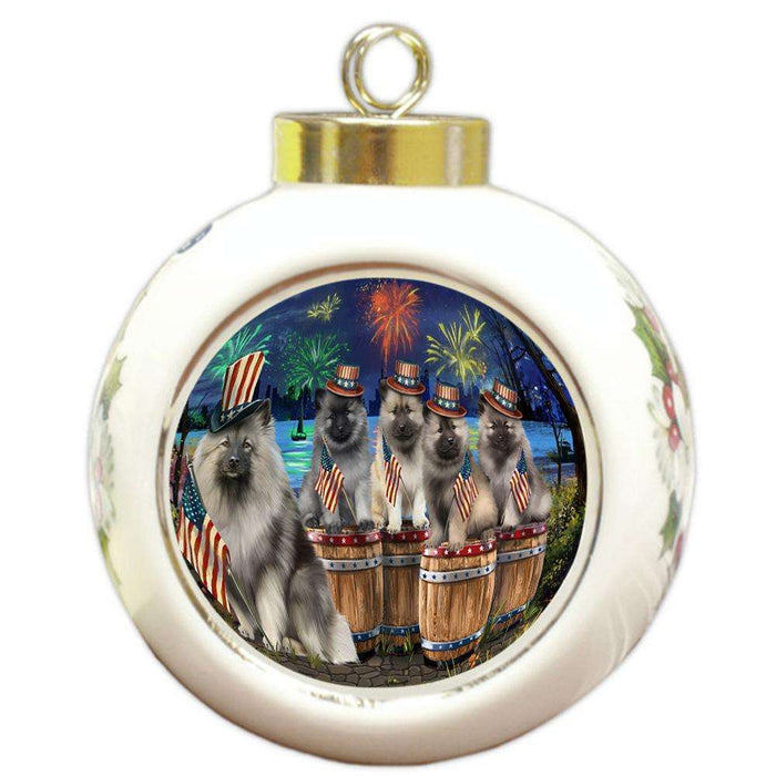 4th of July Independence Day Fireworks Keeshonds at the Lake Round Ball Christmas Ornament RBPOR51040