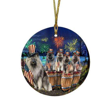 4th of July Independence Day Fireworks Keeshonds at the Lake Round Flat Christmas Ornament RFPOR51031