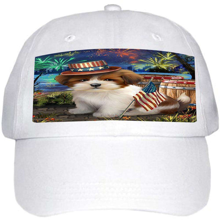 4th of July Independence Day Fireworks Lhasa Apso Dog at the Lake Ball Hat Cap HAT56667