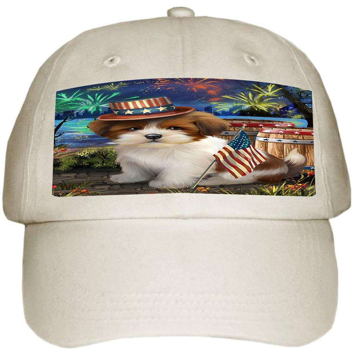 4th of July Independence Day Fireworks Lhasa Apso Dog at the Lake Ball Hat Cap HAT56667