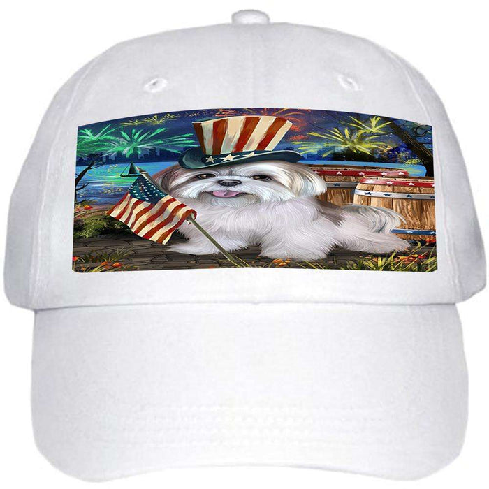 4th of July Independence Day Fireworks Lhasa Apso Dog at the Lake Ball Hat Cap HAT56676