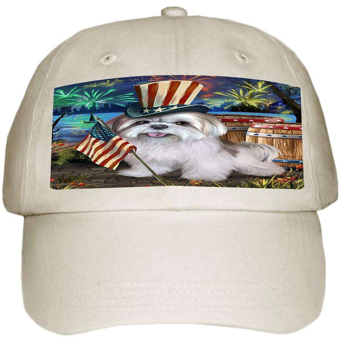 4th of July Independence Day Fireworks Lhasa Apso Dog at the Lake Ball Hat Cap HAT56676