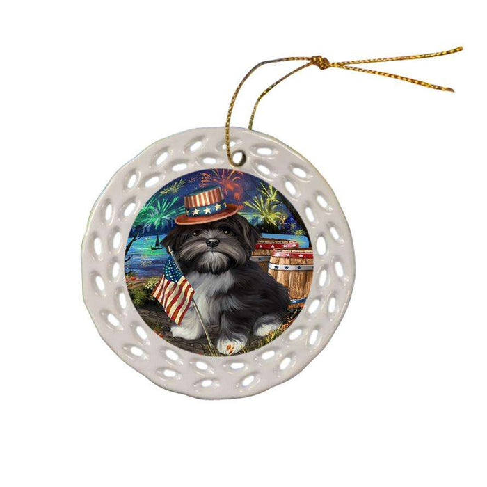 4th of July Independence Day Fireworks Lhasa Apso Dog at the Lake Ceramic Doily Ornament DPOR50977
