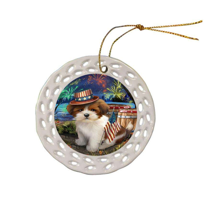 4th of July Independence Day Fireworks Lhasa Apso Dog at the Lake Ceramic Doily Ornament DPOR50978