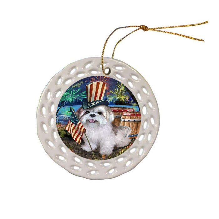 4th of July Independence Day Fireworks Lhasa Apso Dog at the Lake Ceramic Doily Ornament DPOR50981