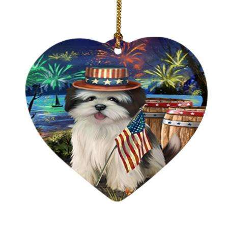 4th of July Independence Day Fireworks Lhasa Apso Dog at the Lake Heart Christmas Ornament HPOR50979