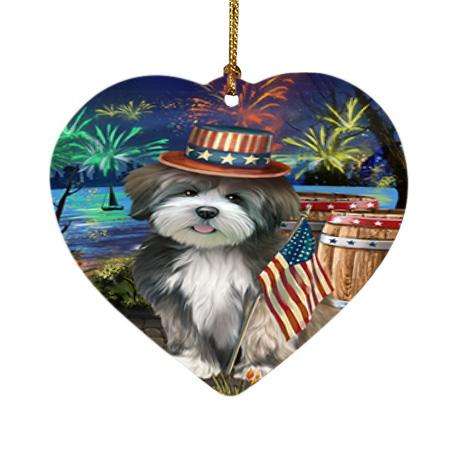 4th of July Independence Day Fireworks Lhasa Apso Dog at the Lake Heart Christmas Ornament HPOR50980