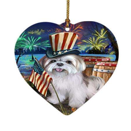 4th of July Independence Day Fireworks Lhasa Apso Dog at the Lake Heart Christmas Ornament HPOR50981