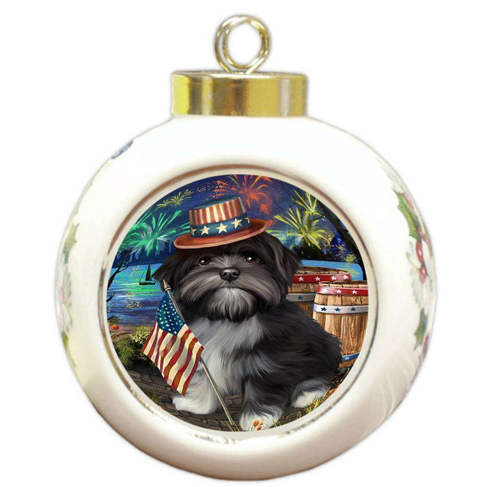 4th of July Independence Day Fireworks Lhasa Apso Dog at the Lake Round Ball Christmas Ornament RBPOR50977