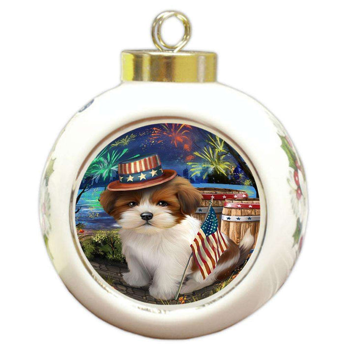 4th of July Independence Day Fireworks Lhasa Apso Dog at the Lake Round Ball Christmas Ornament RBPOR50978