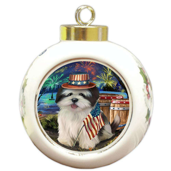4th of July Independence Day Fireworks Lhasa Apso Dog at the Lake Round Ball Christmas Ornament RBPOR50979
