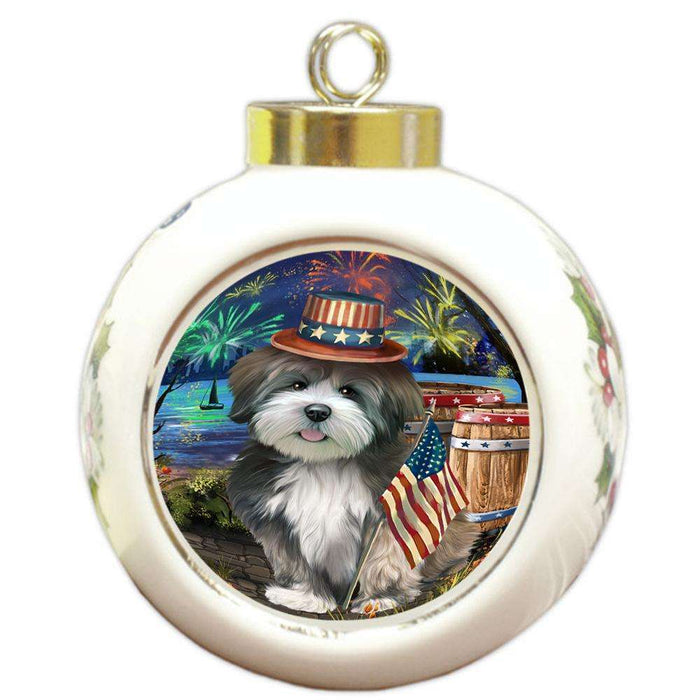 4th of July Independence Day Fireworks Lhasa Apso Dog at the Lake Round Ball Christmas Ornament RBPOR50980