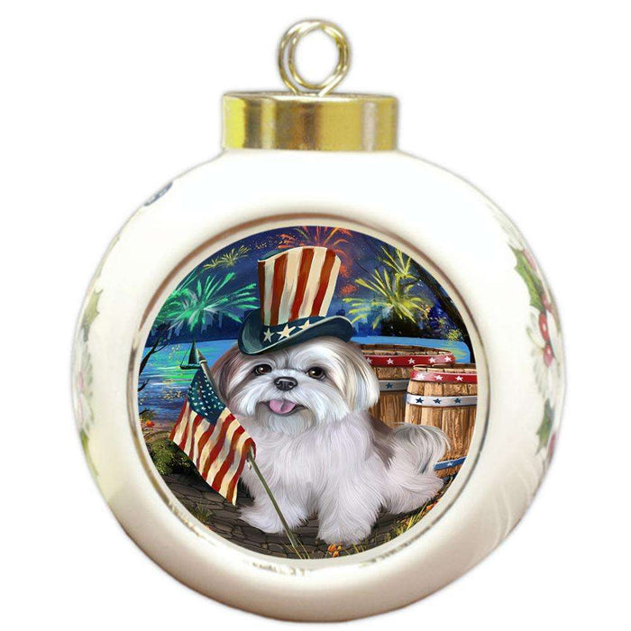 4th of July Independence Day Fireworks Lhasa Apso Dog at the Lake Round Ball Christmas Ornament RBPOR50981