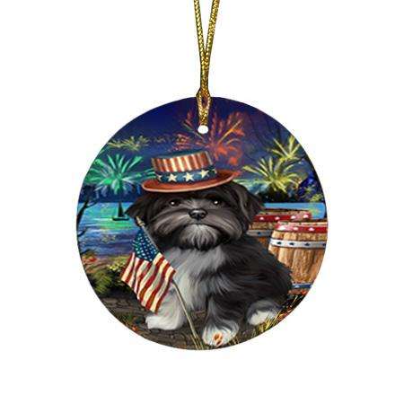 4th of July Independence Day Fireworks Lhasa Apso Dog at the Lake Round Flat Christmas Ornament RFPOR50968
