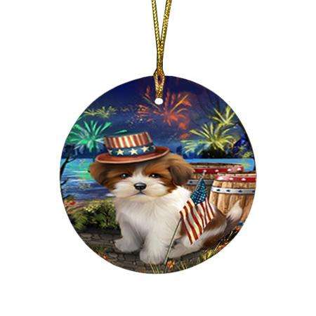 4th of July Independence Day Fireworks Lhasa Apso Dog at the Lake Round Flat Christmas Ornament RFPOR50969
