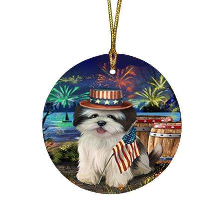 4th of July Independence Day Fireworks Lhasa Apso Dog at the Lake Round Flat Christmas Ornament RFPOR50970