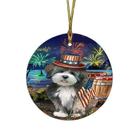 4th of July Independence Day Fireworks Lhasa Apso Dog at the Lake Round Flat Christmas Ornament RFPOR50971