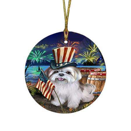 4th of July Independence Day Fireworks Lhasa Apso Dog at the Lake Round Flat Christmas Ornament RFPOR50972