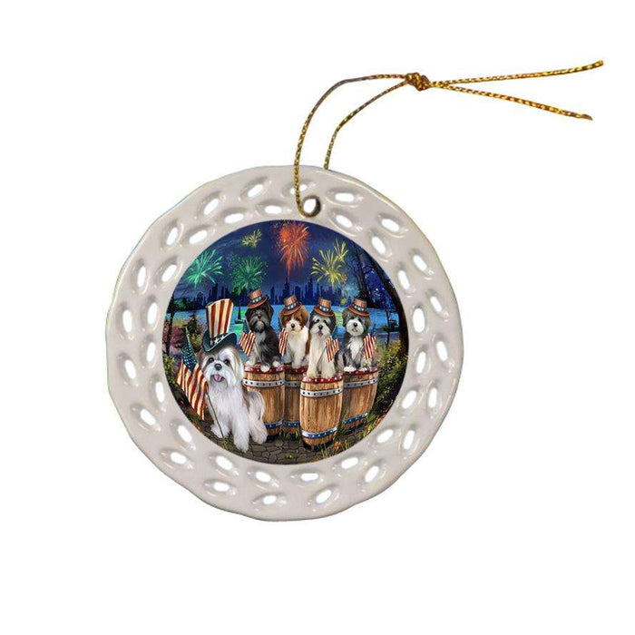 4th of July Independence Day Fireworks Lhasa Apsos at the Lake Ceramic Doily Ornament DPOR51041
