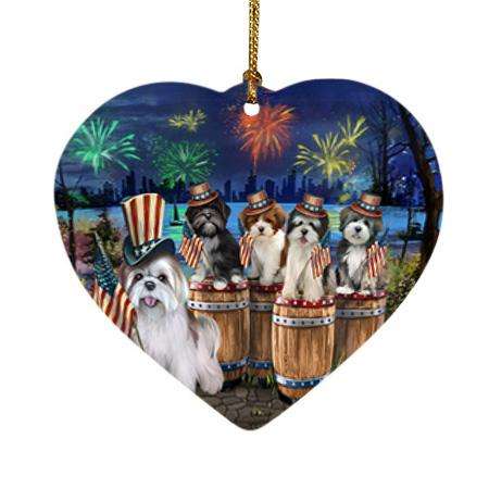 4th of July Independence Day Fireworks Lhasa Apsos at the Lake Heart Christmas Ornament HPOR51041