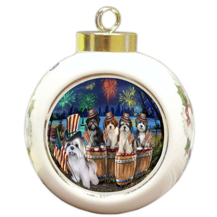 4th of July Independence Day Fireworks Lhasa Apsos at the Lake Round Ball Christmas Ornament RBPOR51041