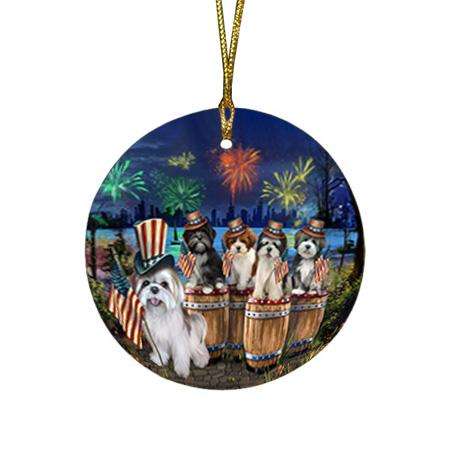 4th of July Independence Day Fireworks Lhasa Apsos at the Lake Round Flat Christmas Ornament RFPOR51032