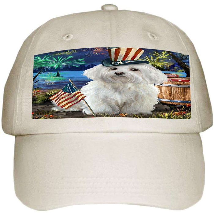 4th of July Independence Day Fireworks Maltese Dog at the Lake Ball Hat Cap HAT57282