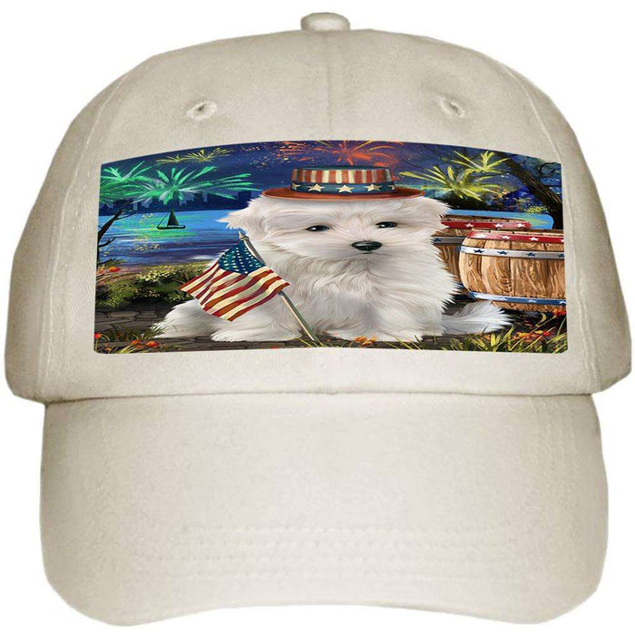 4th of July Independence Day Fireworks Maltese Dog at the Lake Ball Hat Cap HAT57291
