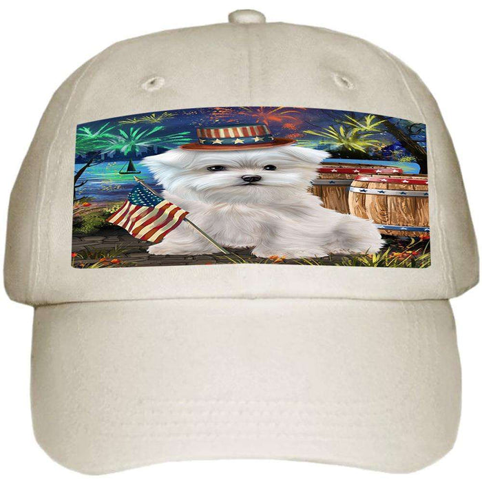 4th of July Independence Day Fireworks Maltese Dog at the Lake Ball Hat Cap HAT57294