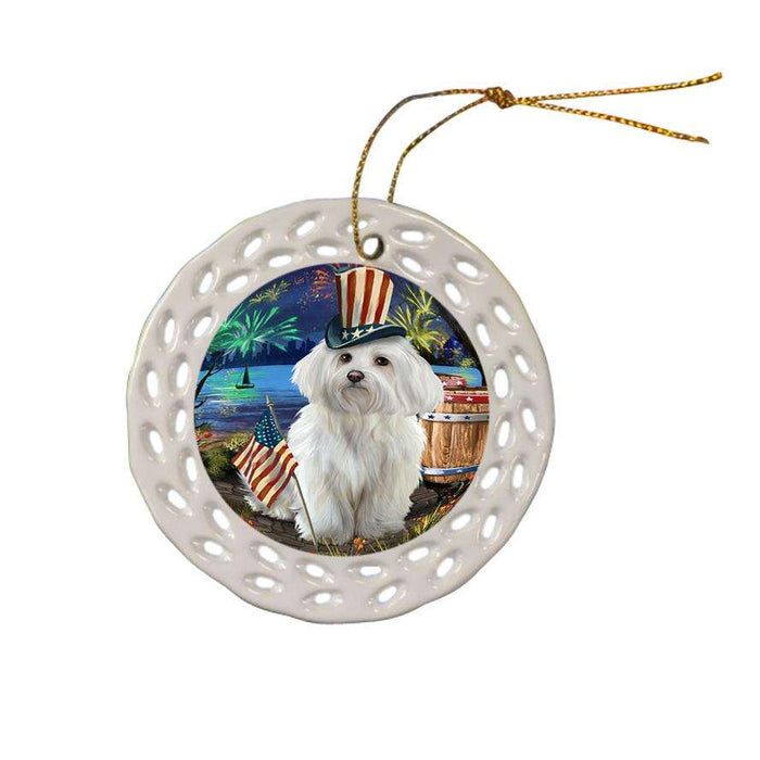 4th of July Independence Day Fireworks Maltese Dog at the Lake Ceramic Doily Ornament DPOR51183