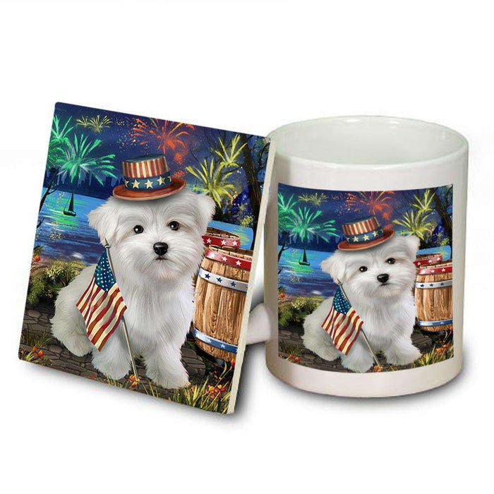 4th of July Independence Day Fireworks Maltese Dog at the Lake Mug and Coaster Set MUC51176