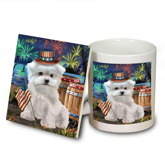 4th of July Independence Day Fireworks Maltese Dog at the Lake Mug and Coaster Set MUC51179