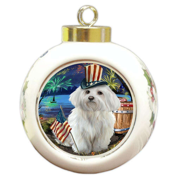 4th of July Independence Day Fireworks Maltese Dog at the Lake Round Ball Christmas Ornament RBPOR51183