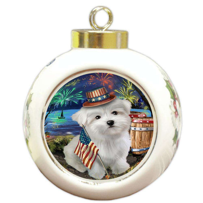 4th of July Independence Day Fireworks Maltese Dog at the Lake Round Ball Christmas Ornament RBPOR51184