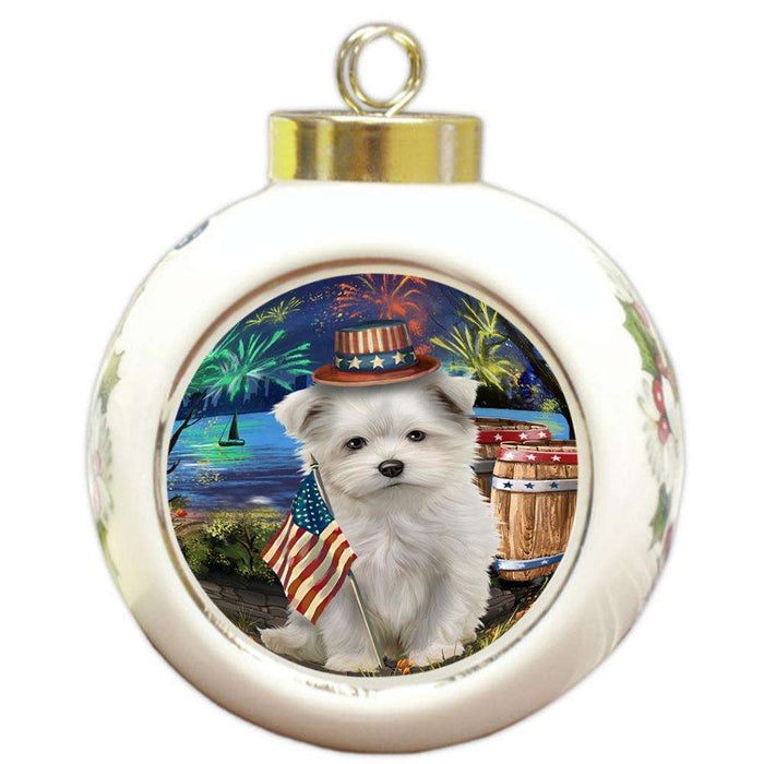 4th of July Independence Day Fireworks Maltese Dog at the Lake Round Ball Christmas Ornament RBPOR51185