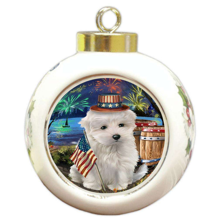 4th of July Independence Day Fireworks Maltese Dog at the Lake Round Ball Christmas Ornament RBPOR51186