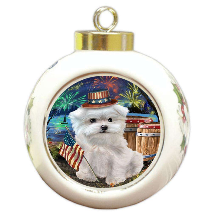 4th of July Independence Day Fireworks Maltese Dog at the Lake Round Ball Christmas Ornament RBPOR51187