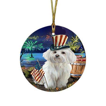 4th of July Independence Day Fireworks Maltese Dog at the Lake Round Flat Christmas Ornament RFPOR51174