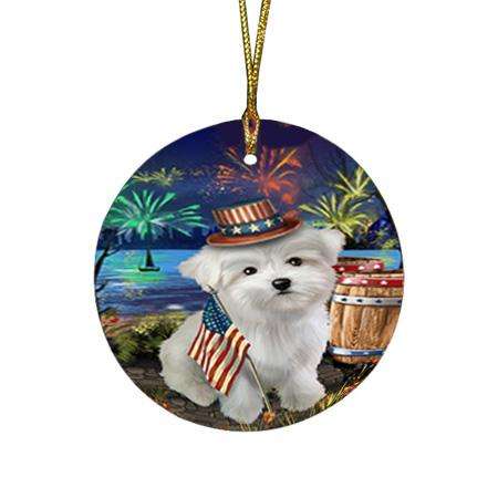 4th of July Independence Day Fireworks Maltese Dog at the Lake Round Flat Christmas Ornament RFPOR51175